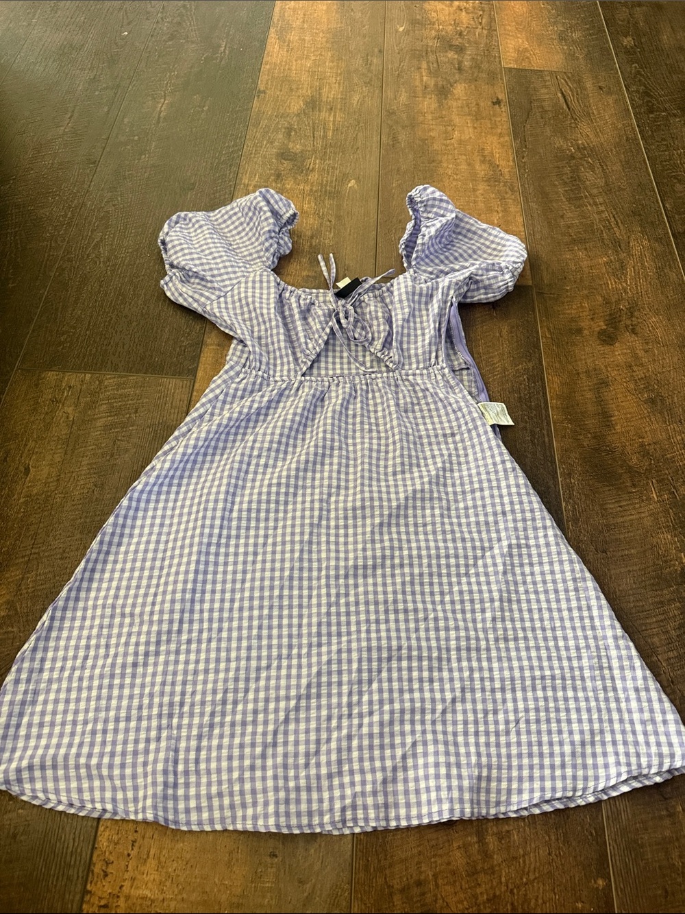 Divided Lavender Gingham Mini Dress with Puff Sleeves